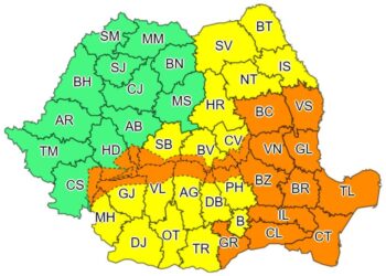 Cod portocaliu în județul Brăila! Precipitații abundente de sâmbătă, ora 10 până duminică la ora 18. Duminică, de la ora 2 până la ora 16, este cod galben de viscol