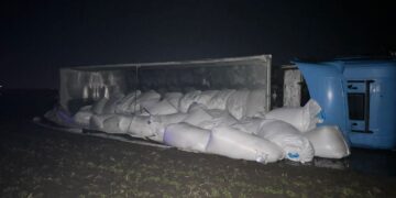 TIR încărcat cu îngrășăminte răsturnat pe DJ 211A, între localitățile Viziru și Cuza Vodă