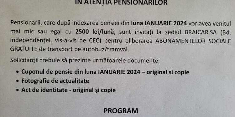 În atenția pensionarilor! Abonamente gratuite pentru pensionarii cu venituri mai mici de 2500 lei