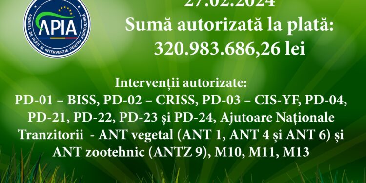 Peste 320 milioane lei autorizate la plată în data de 27.02.2024