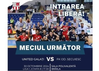 Meci de Liga 1 la futsal în Sala Polivalentă din Brăila