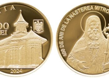 monedă din aur cu tema 400 de ani de la nașterea Mitropolitului Dosoftei