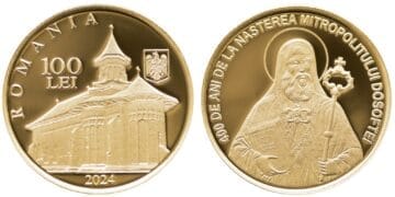 monedă din aur cu tema 400 de ani de la nașterea Mitropolitului Dosoftei