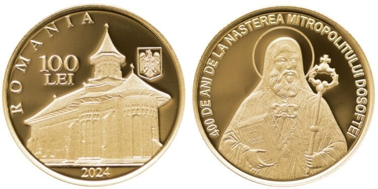 monedă din aur cu tema 400 de ani de la nașterea Mitropolitului Dosoftei