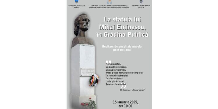 Recitare de poezii în Grădina Publică din Brăila, la statuia lui Mihai Eminescu  