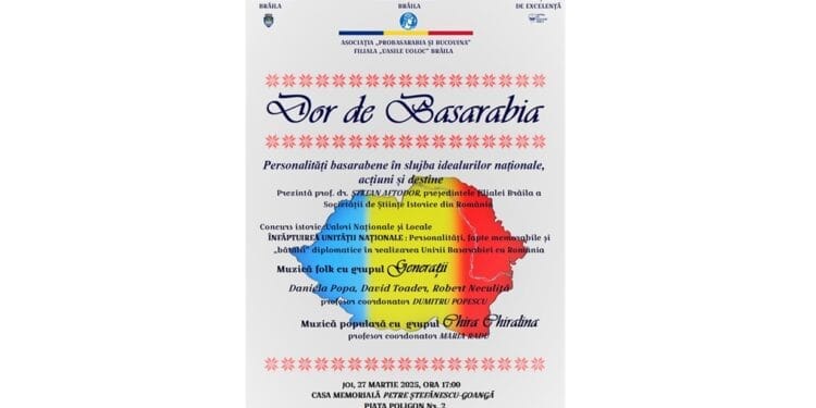 „Dor de Basarabia”- manifestare dedicată împlinirii a 107 de ani de la Unirea Basarabiei cu România
