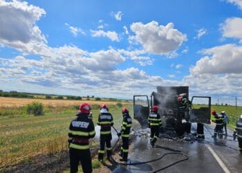 Cabina unui camion încărcat cu cereale a luat foc