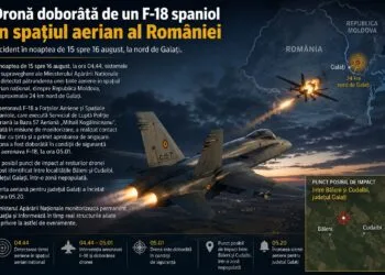 O dronă care a pătruns în spațiul aerian al României a fost doborâtă de un avion F-18 spaniol, în județul Galați